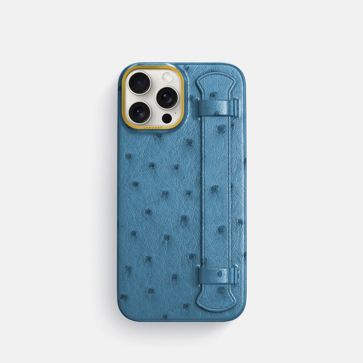 Blue-Jeans iPhone 16 Pro Handle Case Ostrich with Gold Metal -1 | Blue-Jeans-Gold