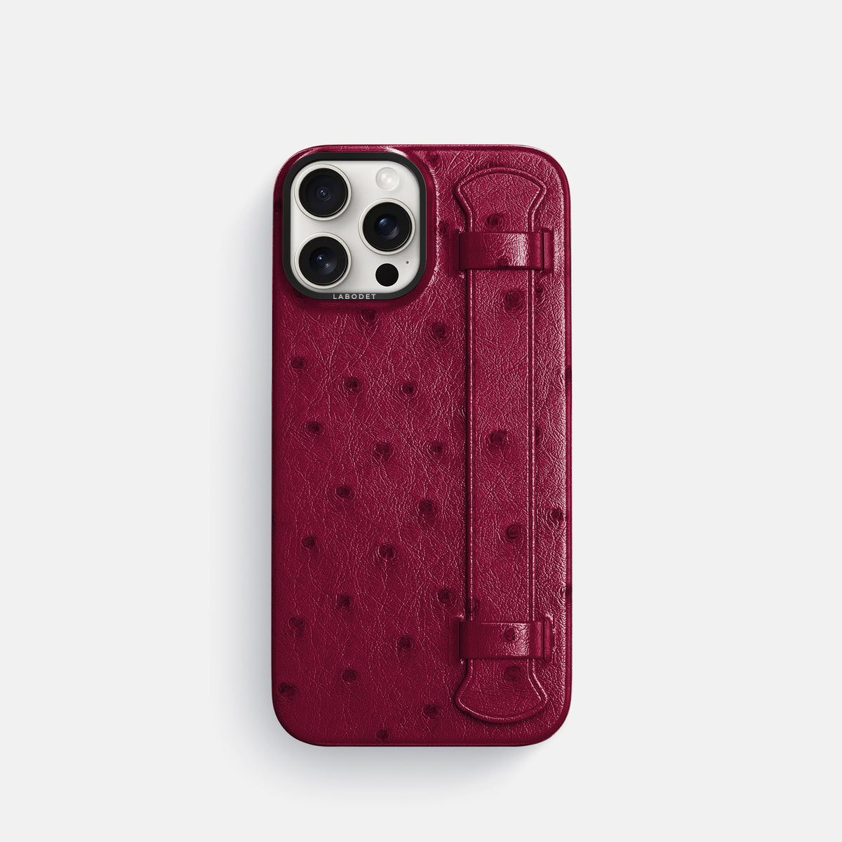 Bordeaux iPhone 16 Pro Handle Case Ostrich with Black Metal -1 | Bordeaux-Black
