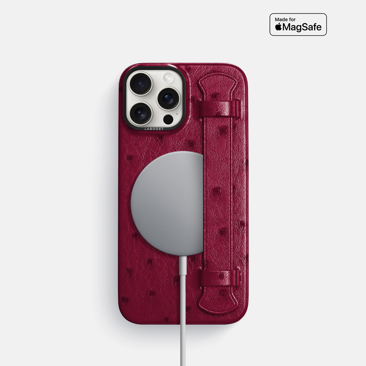 Bordeaux iPhone 16 Pro Handle Case Ostrich with Black Metal -5 | Bordeaux-Black