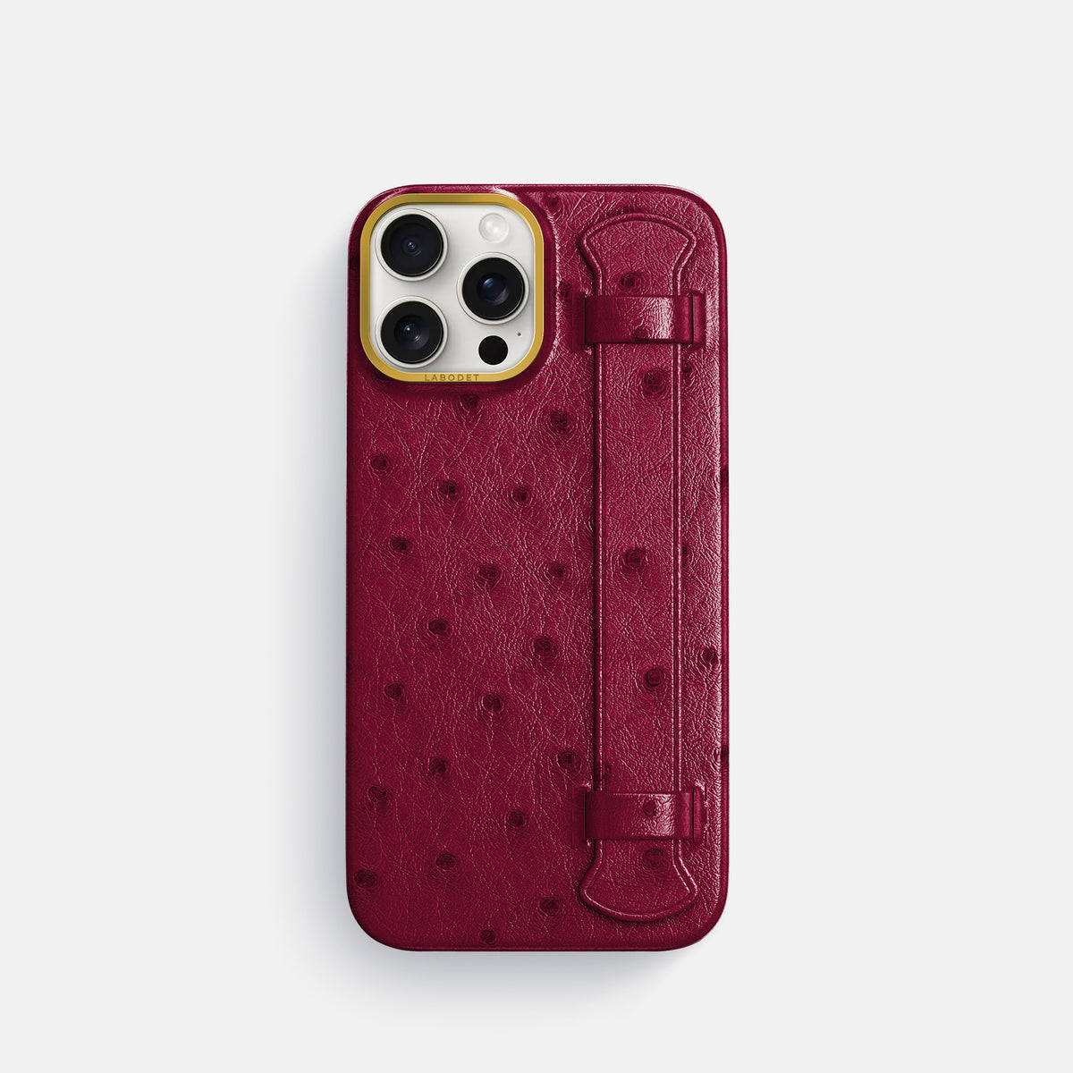 Bordeaux iPhone 16 Pro Handle Case Ostrich with Gold Metal -1 | Bordeaux-Gold