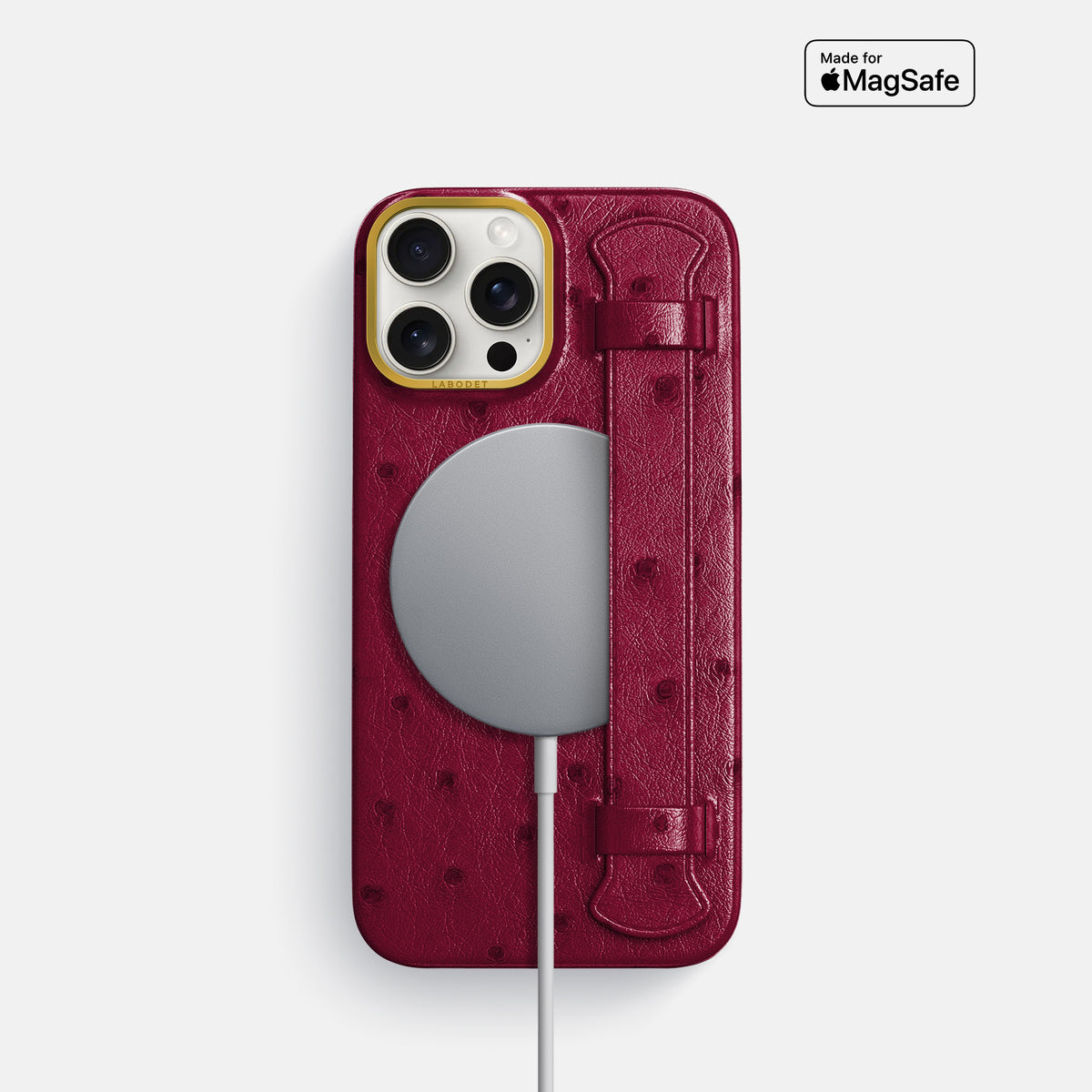 Bordeaux iPhone 16 Pro Handle Case Ostrich with Gold Metal -5 | Bordeaux-Gold