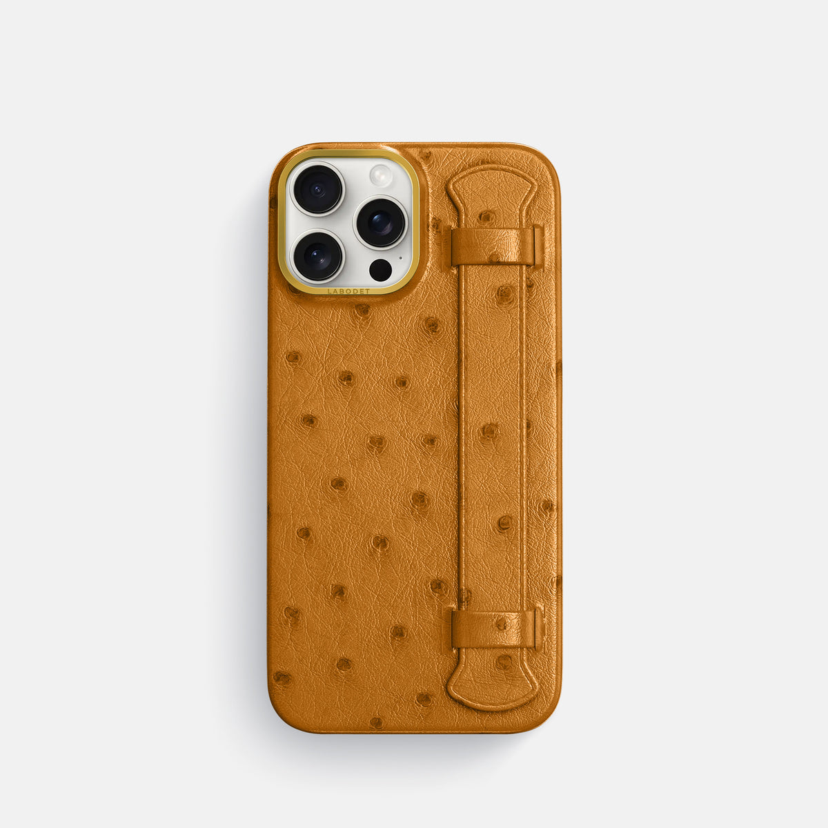 Chestnut iPhone 16 Pro Handle Case Ostrich with Gold Metal -1 | Chestnut-Gold