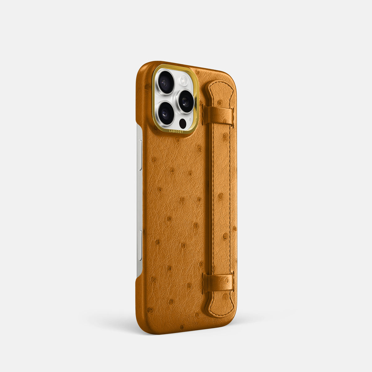 Chestnut iPhone 16 Pro Handle Case Ostrich with Gold Metal -2 | Chestnut-Gold