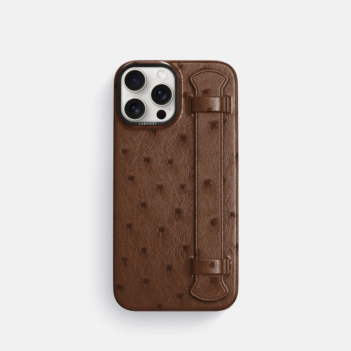 Chocolate iPhone 16 Pro Handle Case Ostrich with Black Metal -1 | Chocolate-Black