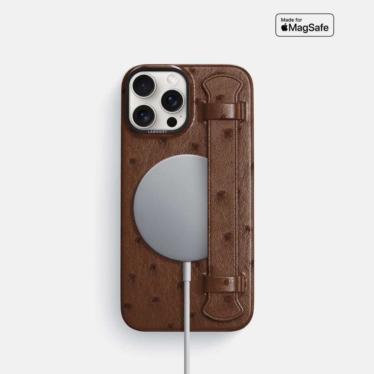 Chocolate iPhone 16 Pro Handle Case Ostrich with Black Metal -5 | Chocolate-Black