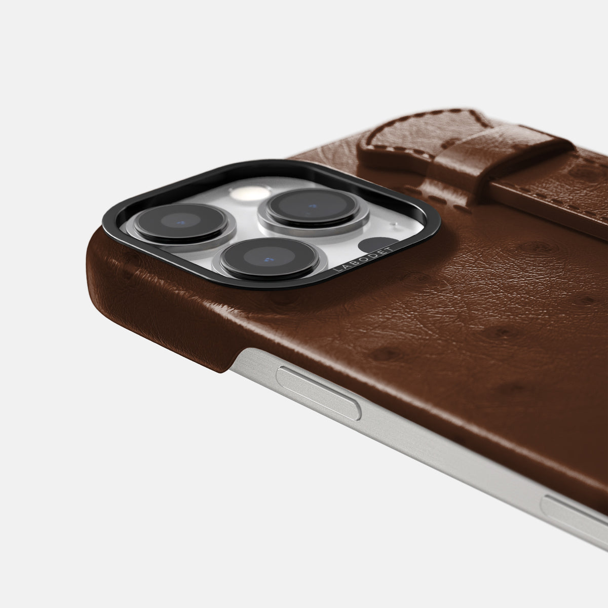 Chocolate iPhone 16 Pro Handle Case Ostrich with Black Metal -6 | Chocolate-Black