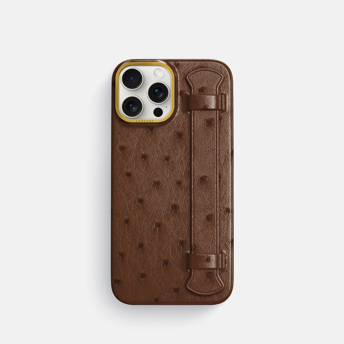 Chocolate iPhone 16 Pro Handle Case Ostrich with Gold Metal -1 | Chocolate-Gold