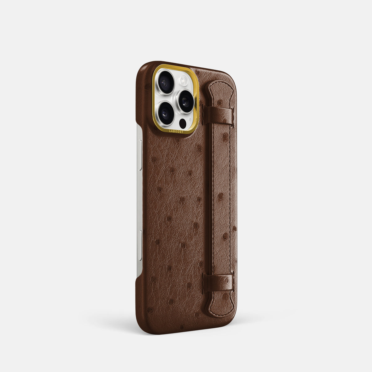 Chocolate iPhone 16 Pro Handle Case Ostrich with Gold Metal -2 | Chocolate-Gold