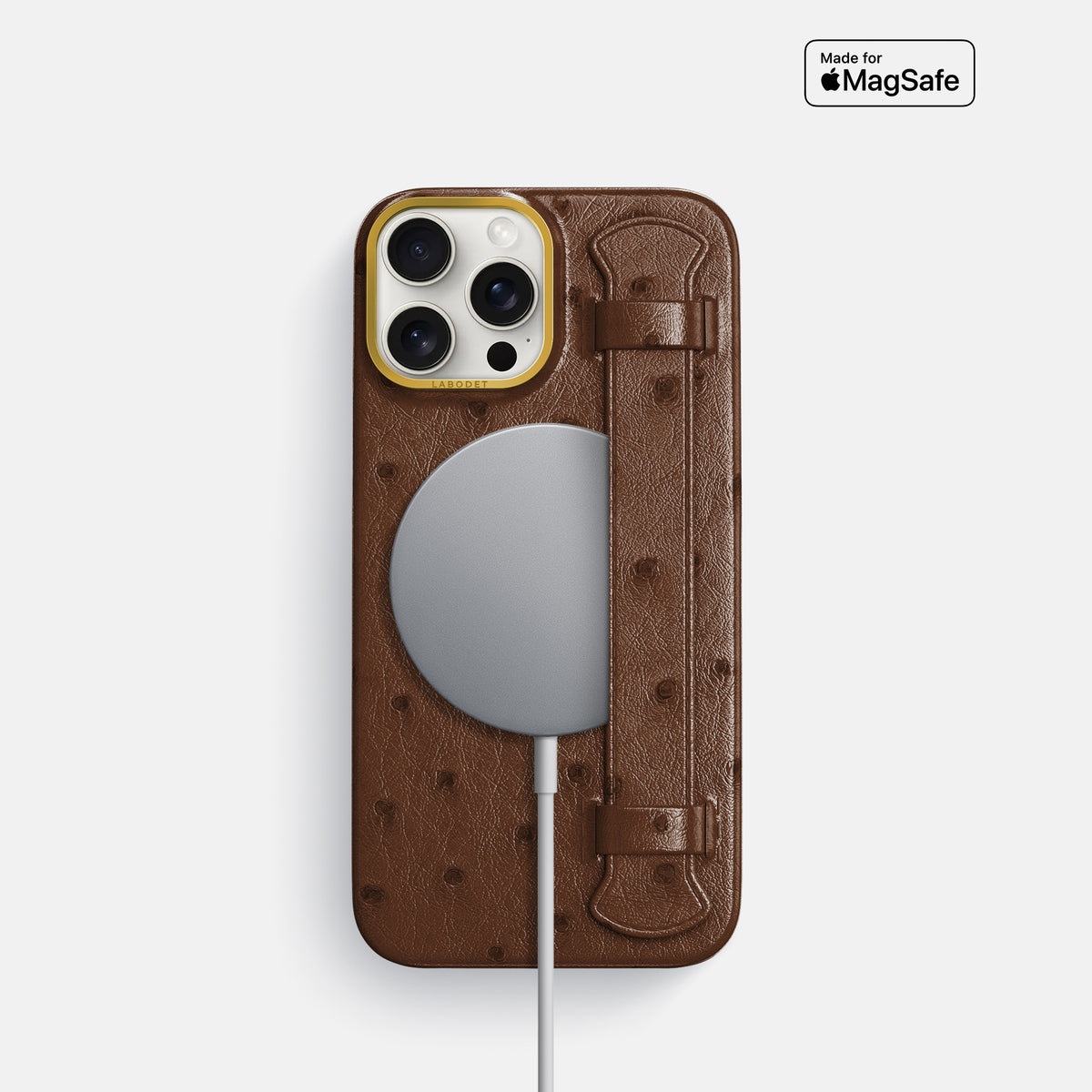 Chocolate iPhone 16 Pro Handle Case Ostrich with Gold Metal -5 | Chocolate-Gold
