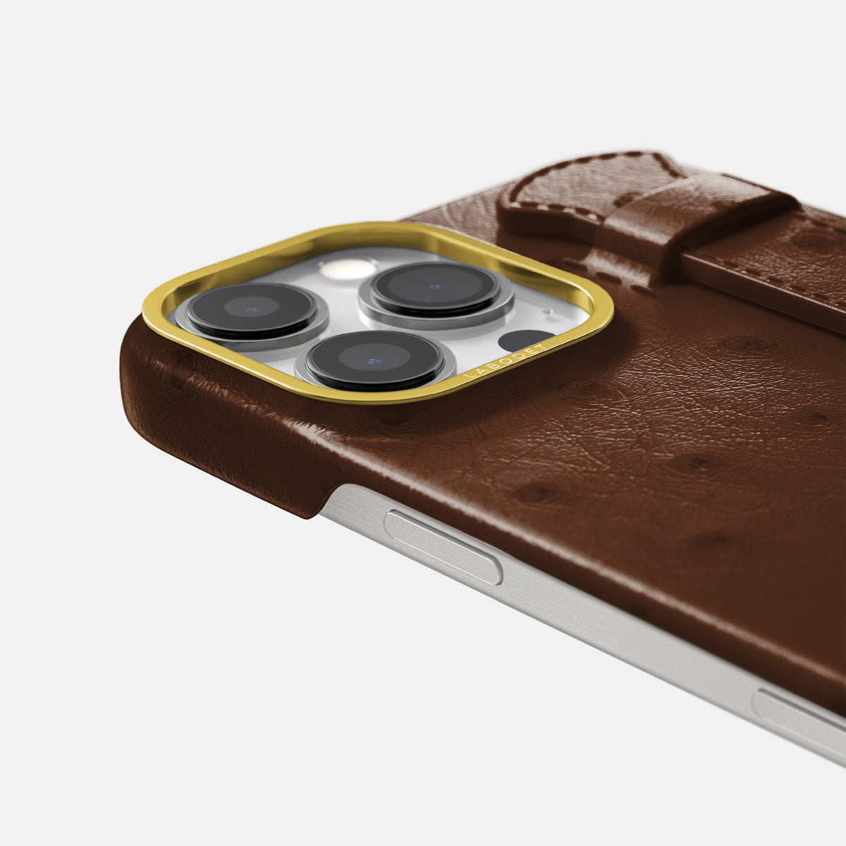 Chocolate iPhone 16 Pro Handle Case Ostrich with Gold Metal -6 | Chocolate-Gold