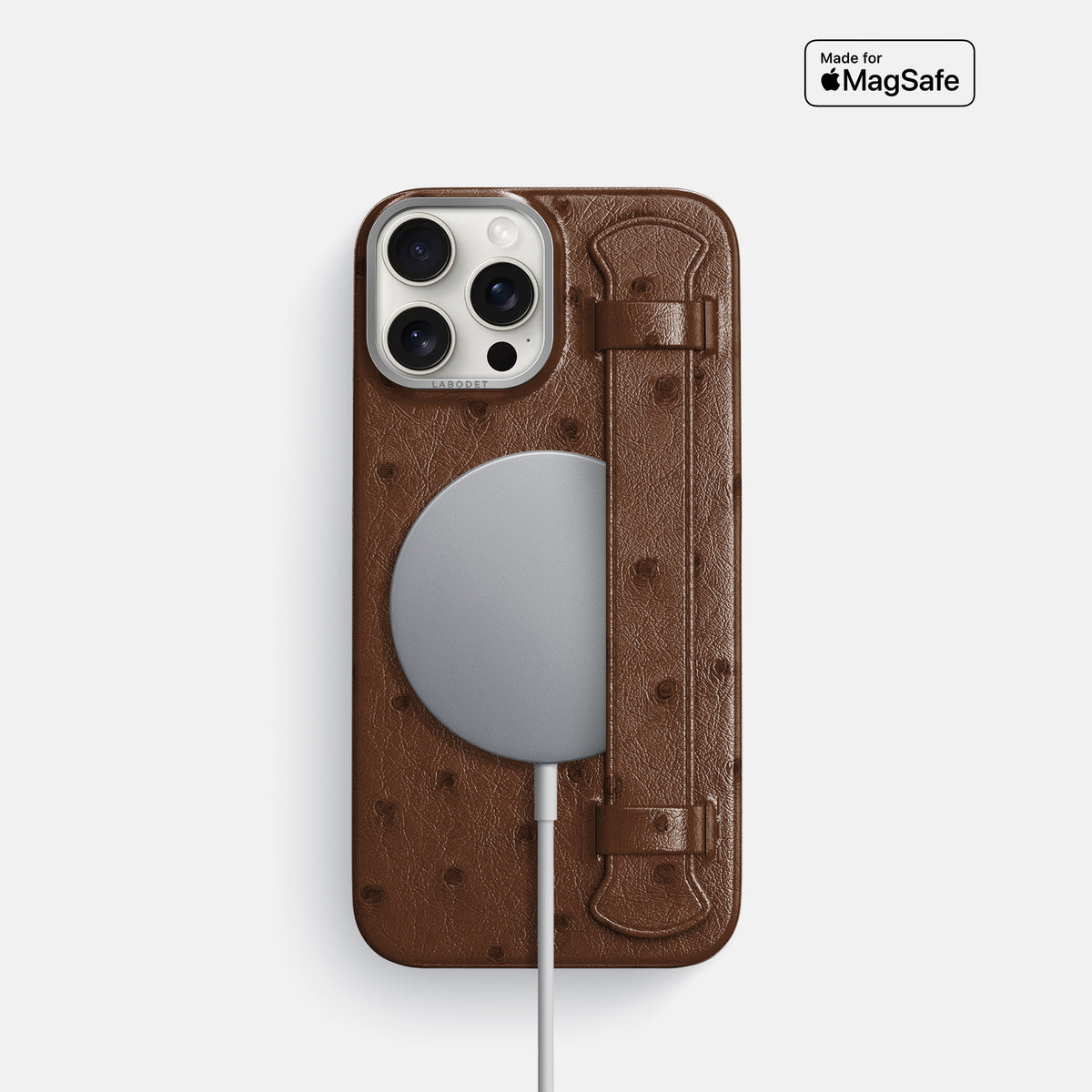Chocolate iPhone 16 Pro Handle Case Ostrich with Steel Metal -5 | Chocolate-Steel