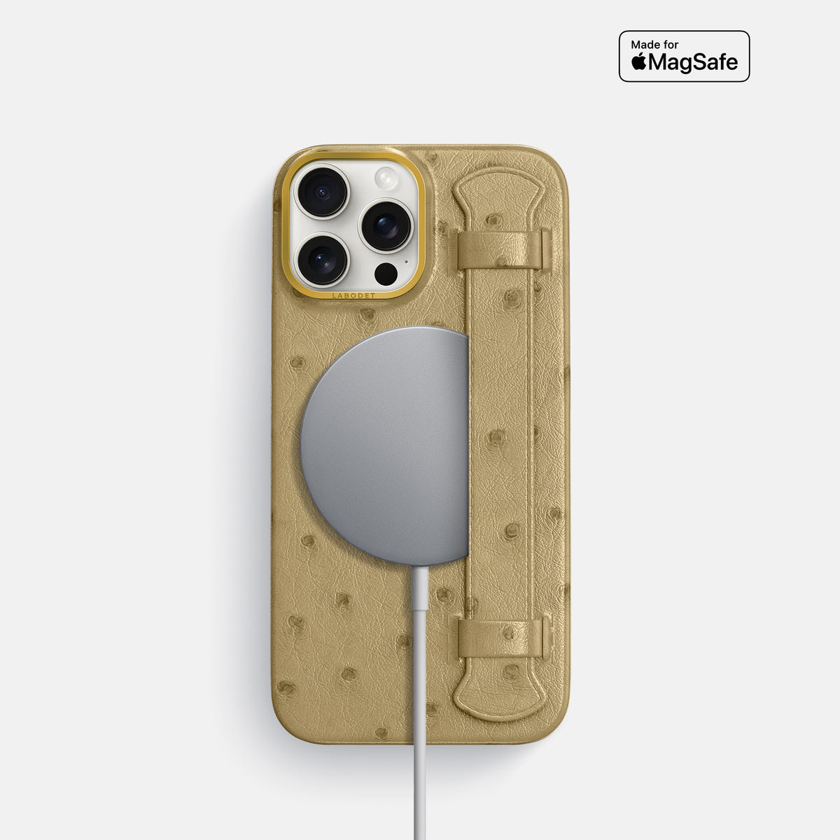 Desert-Sand iPhone 16 Pro Handle Case Ostrich with Gold Metal -5 | Desert-Sand-Gold