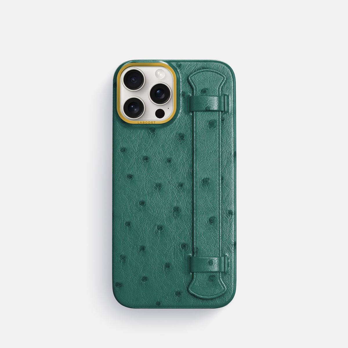 Forest-Green iPhone 16 Pro Handle Case Ostrich with Gold Metal -1 | Forest-Green-Gold