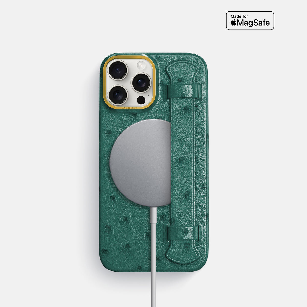 Forest-Green iPhone 16 Pro Handle Case Ostrich with Gold Metal -5 | Forest-Green-Gold