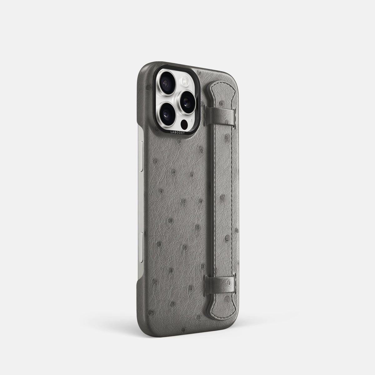 Grey iPhone 16 Pro Handle Case Ostrich with Black Metal -2 | Grey-Black