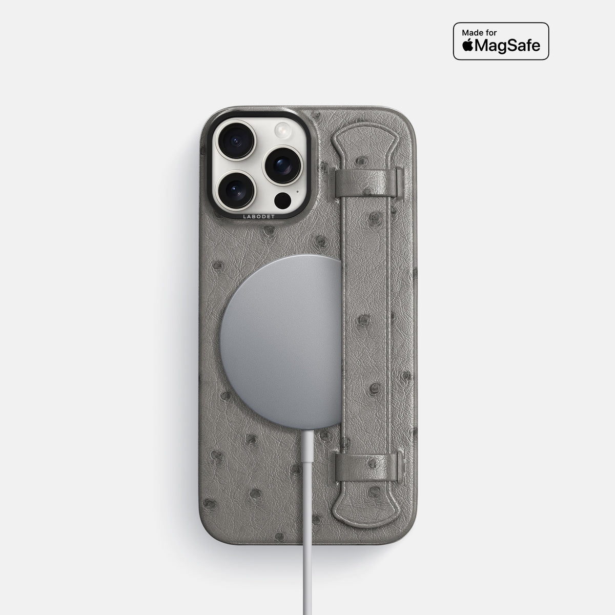 Grey iPhone 16 Pro Handle Case Ostrich with Black Metal -5 | Grey-Black