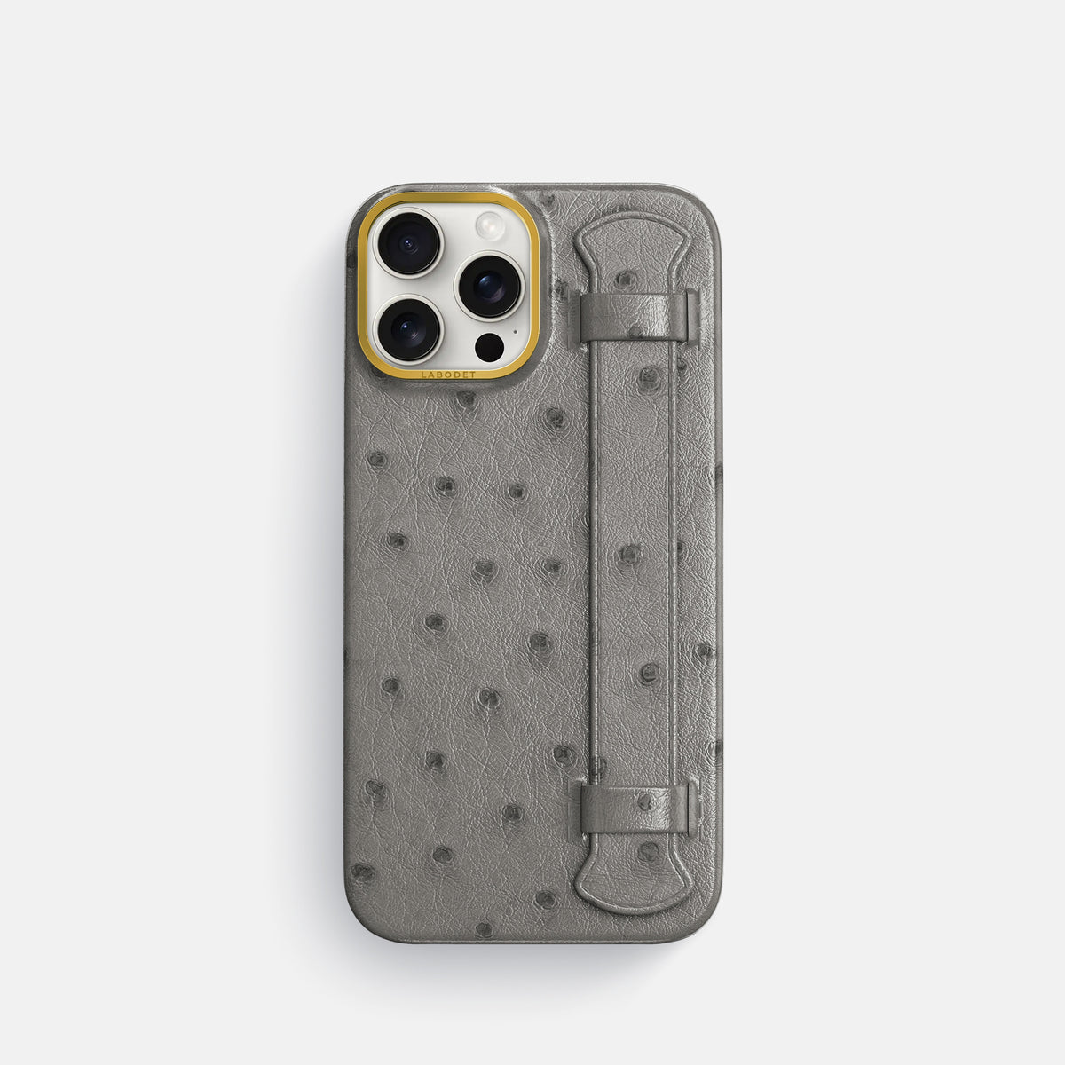 Grey iPhone 16 Pro Handle Case Ostrich with Gold Metal -1 | Grey-Gold