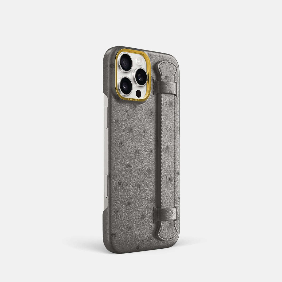 Grey iPhone 16 Pro Handle Case Ostrich with Gold Metal -2 | Grey-Gold