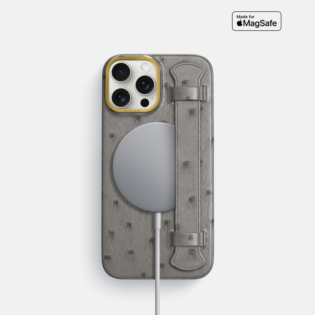Grey iPhone 16 Pro Handle Case Ostrich with Gold Metal -5 | Grey-Gold