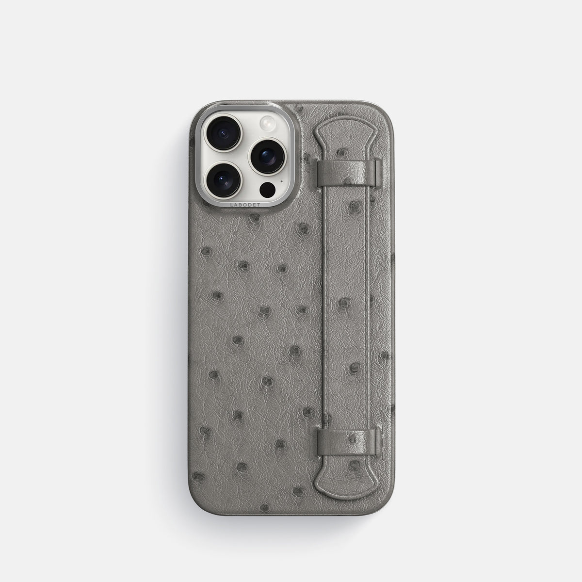 Grey iPhone 16 Pro Handle Case Ostrich with Steel Metal -1 | Grey-Steel