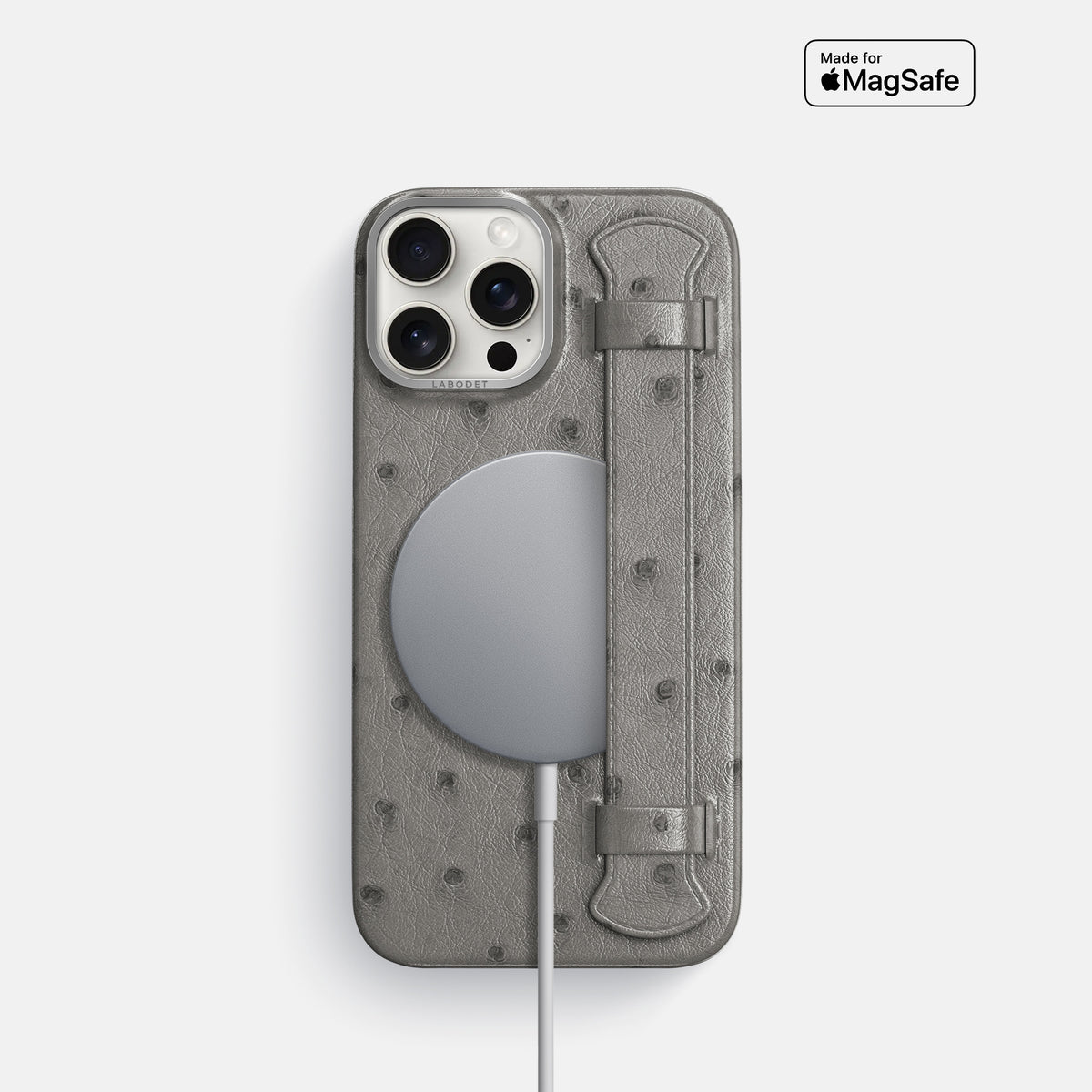 Grey iPhone 16 Pro Handle Case Ostrich with Steel Metal -5 | Grey-Steel