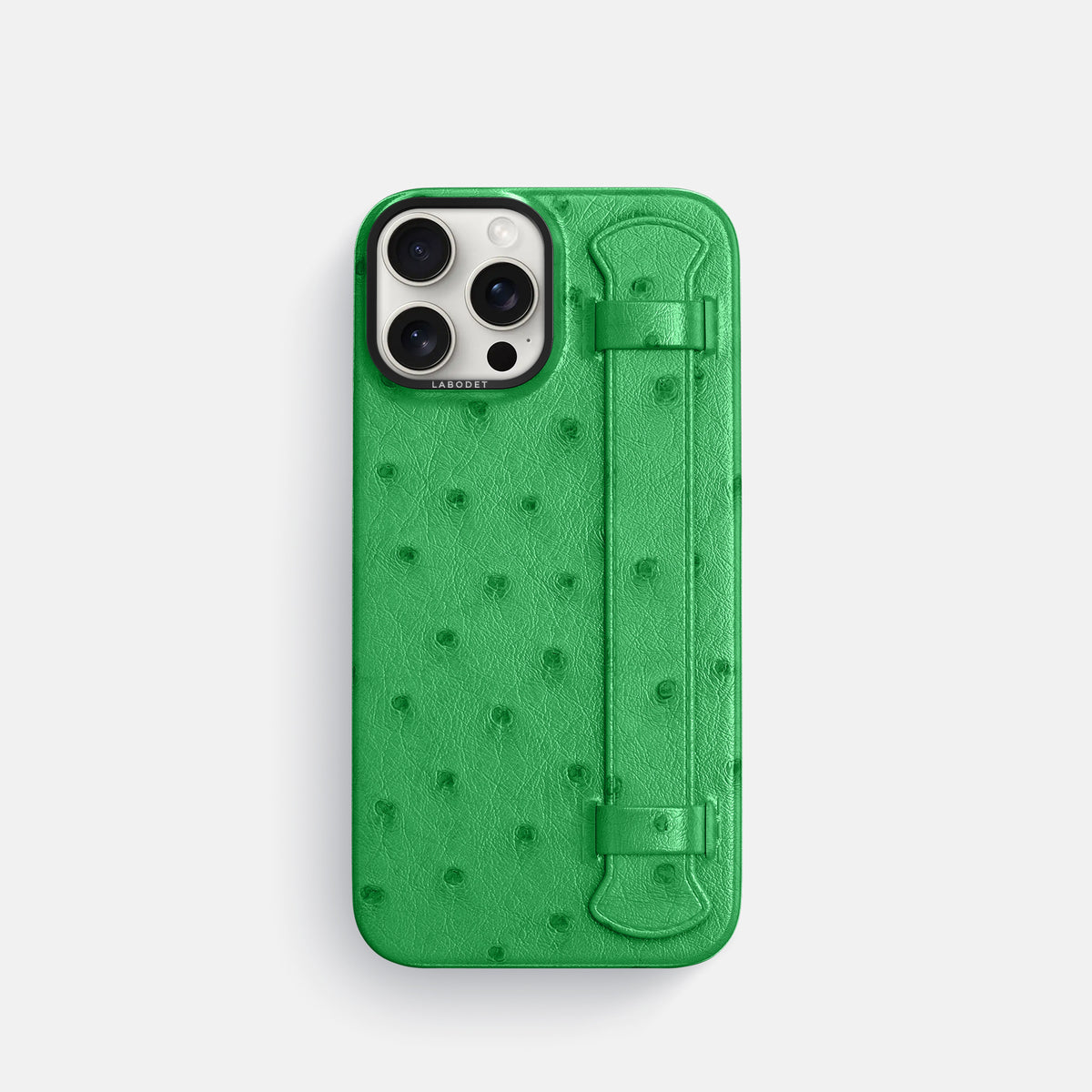 Kentucky Green iPhone 16 Pro Handle Case Ostrich with Black Metal -1 | Kentucky-Green-Black