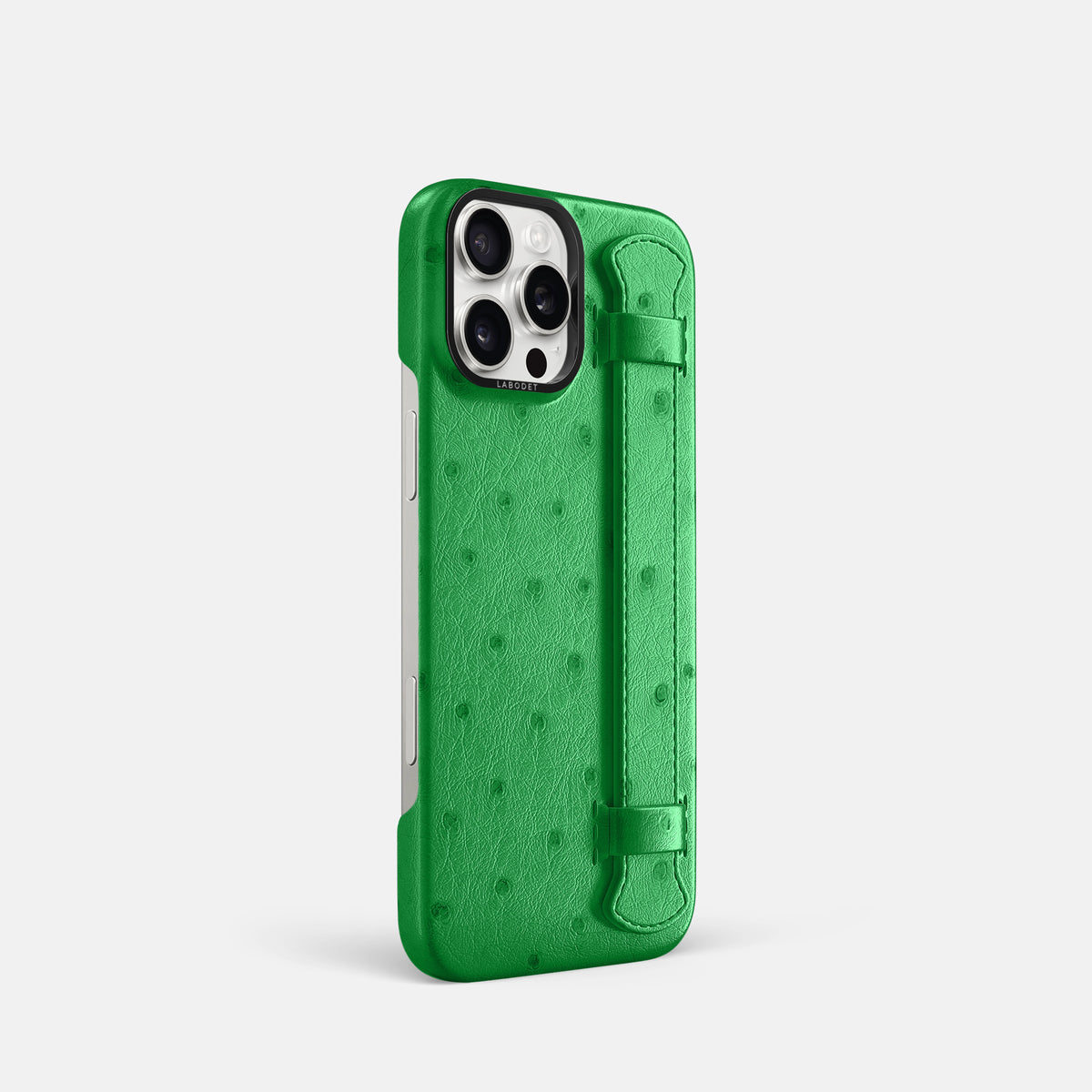 Kentucky Green iPhone 16 Pro Handle Case Ostrich with Black Metal -2 | Kentucky-Green-Black