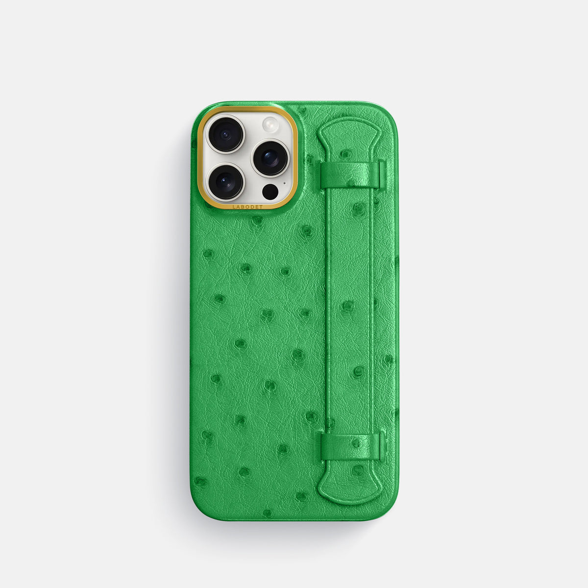 Kentucky Green iPhone 16 Pro Handle Case Ostrich with Gold Metal -1 | Kentucky-Green-Gold