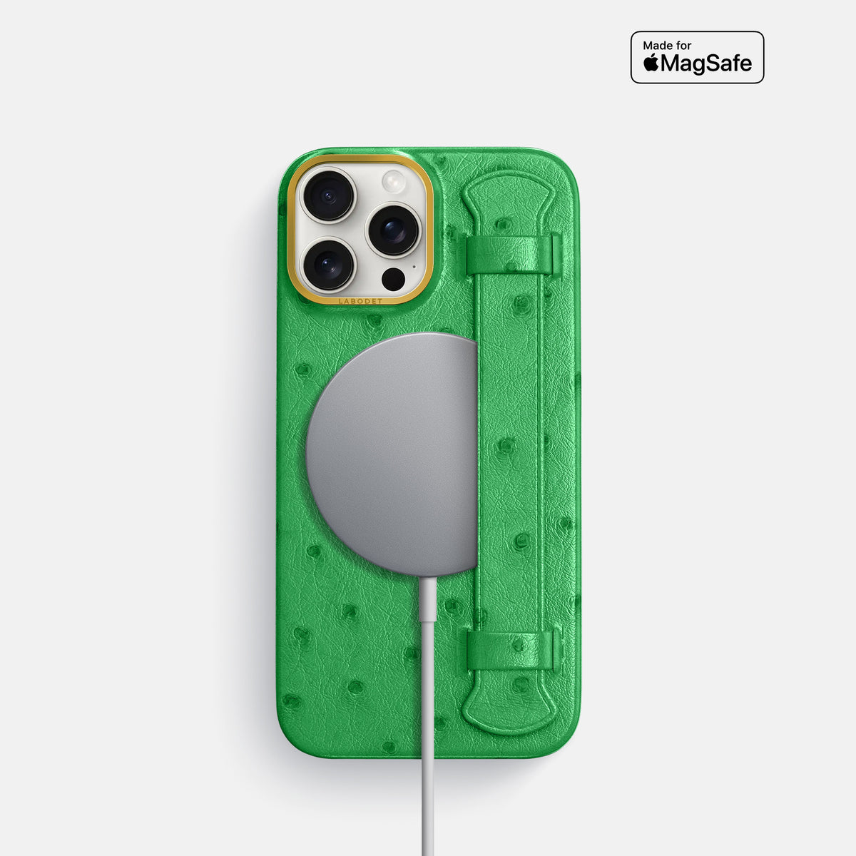 Kentucky Green iPhone 16 Pro Handle Case Ostrich with Gold Metal -5 | Kentucky-Green-Gold