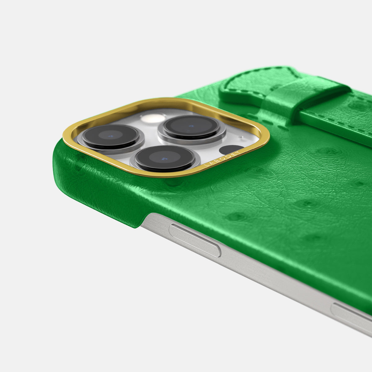 Kentucky Green iPhone 16 Pro Handle Case Ostrich with Gold Metal -6 | Kentucky-Green-Gold