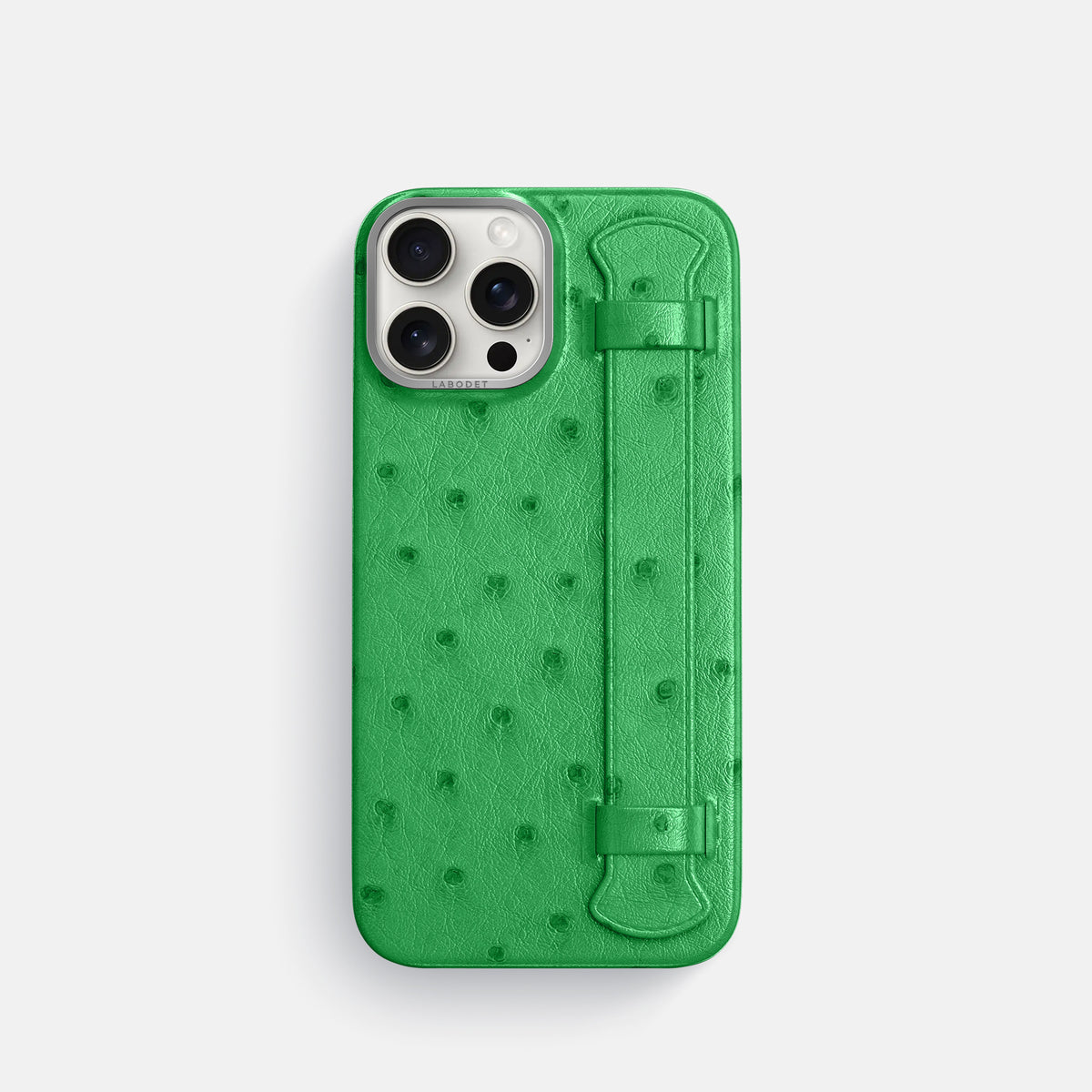 Kentucky Green iPhone 16 Pro Handle Case Ostrich with Steel Metal -1 | Kentucky-Green-Steel