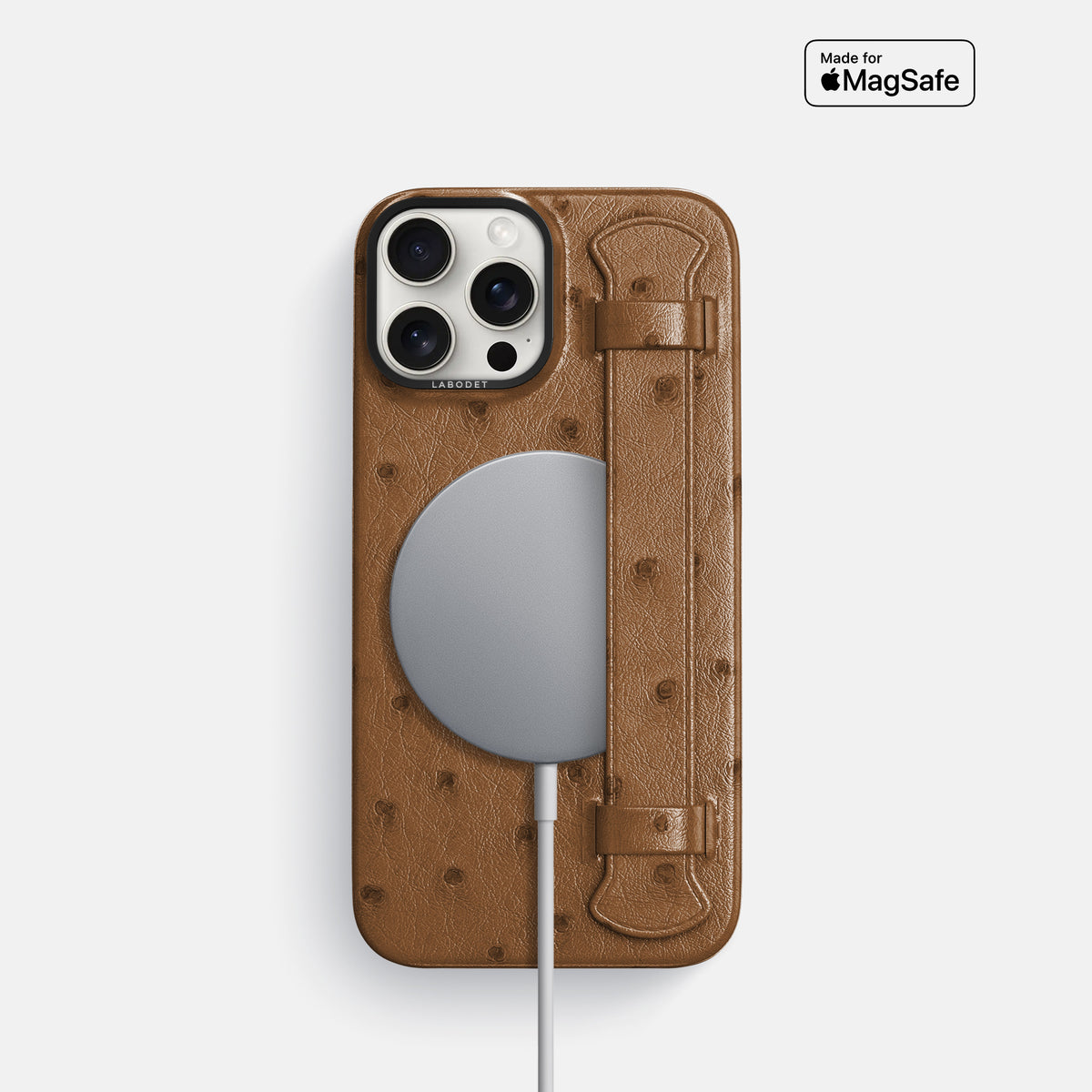 Medium-Brown iPhone 16 Pro Handle Case Ostrich with Black Metal -5 | Medium-Brown-Black