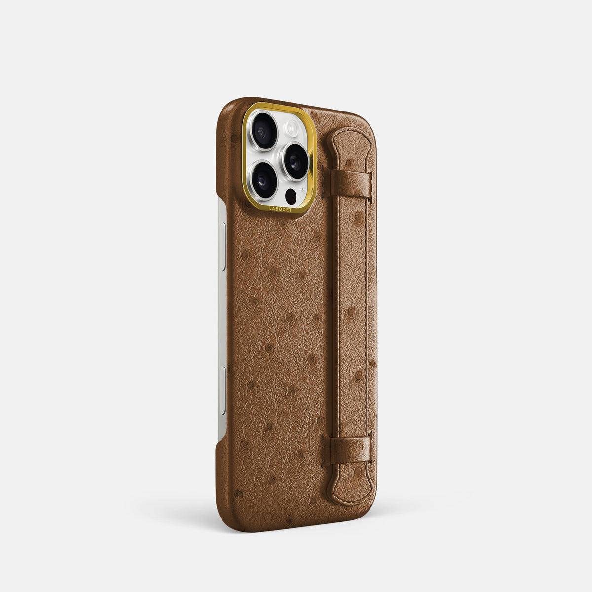 Medium-Brown iPhone 16 Pro Handle Case Ostrich with Gold Metal -2 | Medium-Brown-Gold