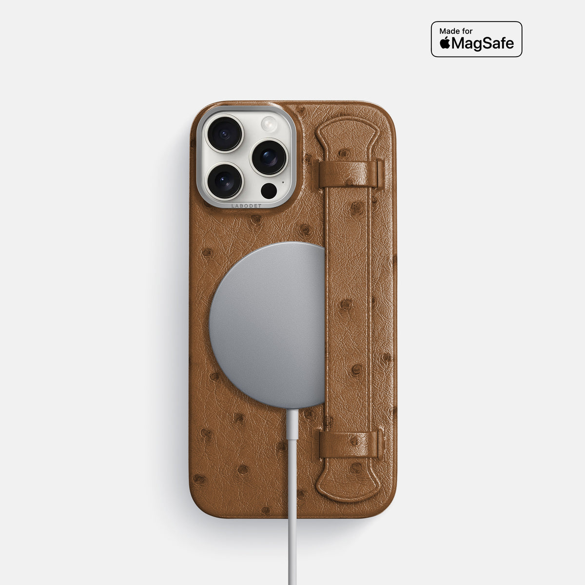 Medium-Brown iPhone 16 Pro Handle Case Ostrich with Steel Metal -5 | Medium-Brown-Steel