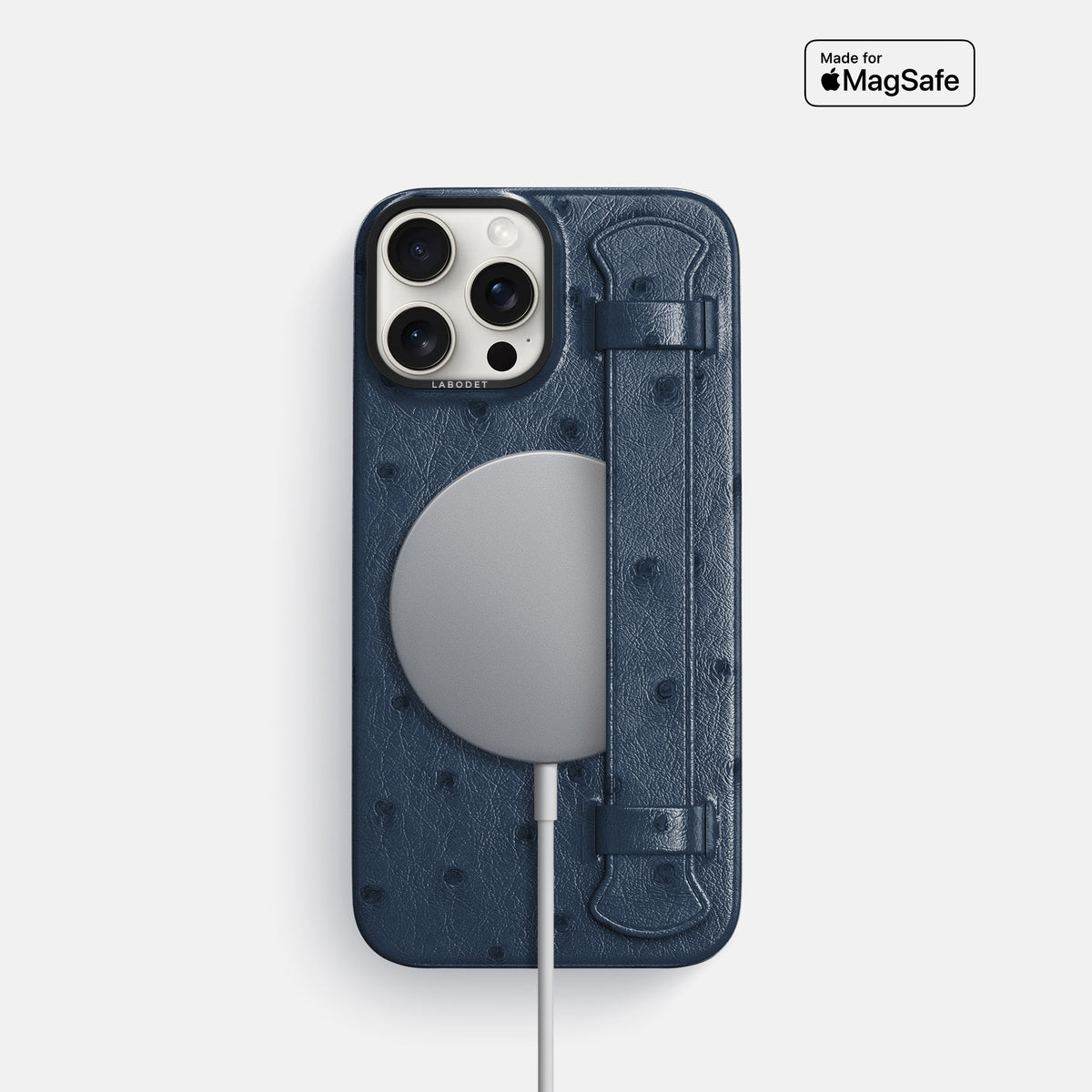 Navy-Blue iPhone 16 Pro Handle Case Ostrich with Black Metal -5 | Navy-Blue-Black