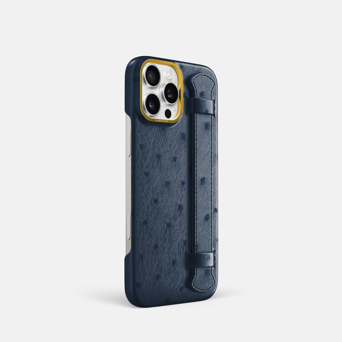 Navy-Blue iPhone 16 Pro Handle Case Ostrich with Gold Metal -2 | Navy-Blue-Gold