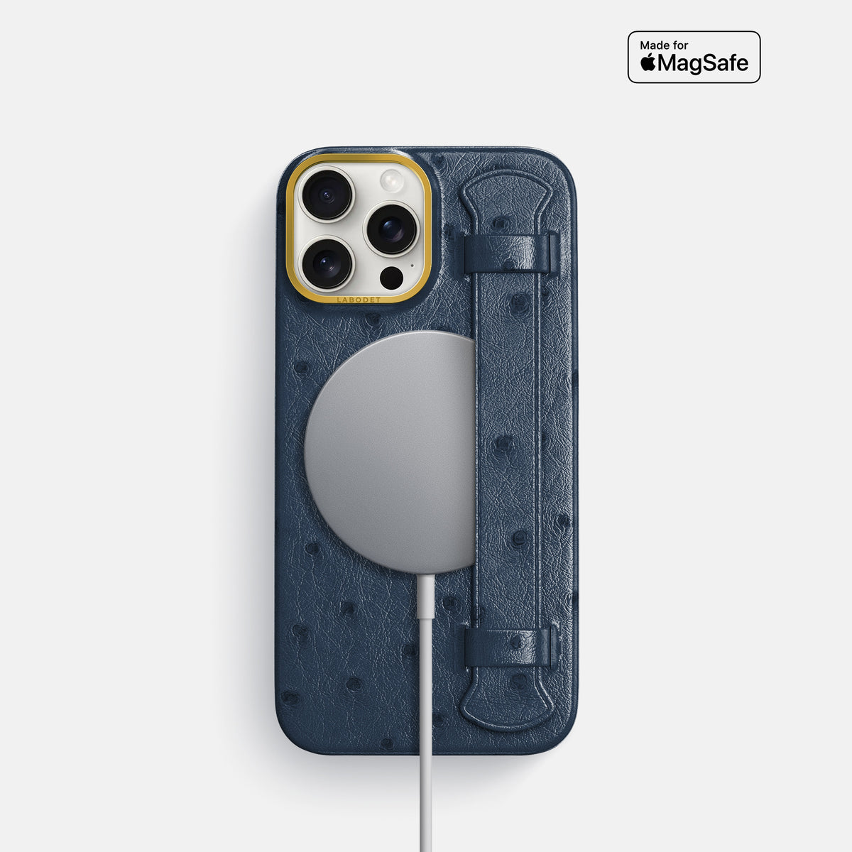 Navy-Blue iPhone 16 Pro Handle Case Ostrich with Gold Metal -5 | Navy-Blue-Gold
