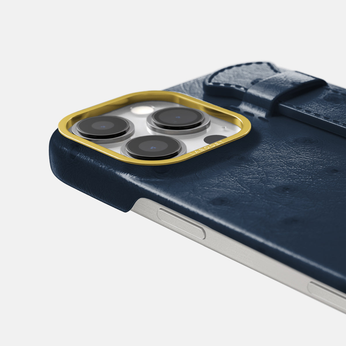 Navy-Blue iPhone 16 Pro Handle Case Ostrich with Gold Metal -6 | Navy-Blue-Gold