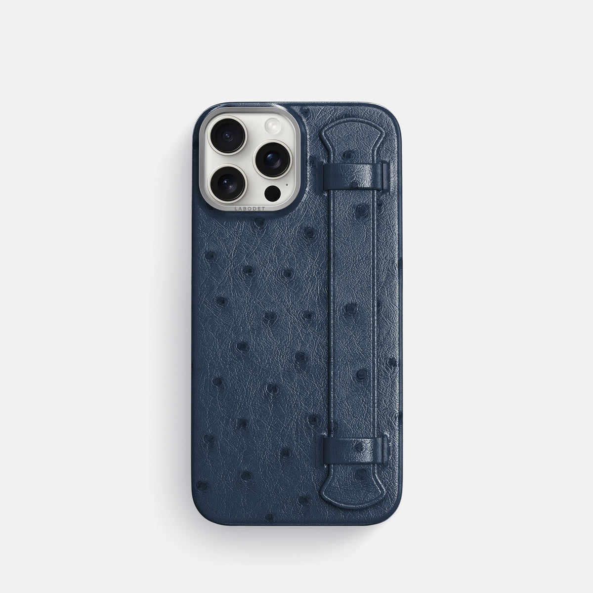 Navy-Blue iPhone 16 Pro Handle Case Ostrich with Steel Metal -1 | Navy-Blue-Steel