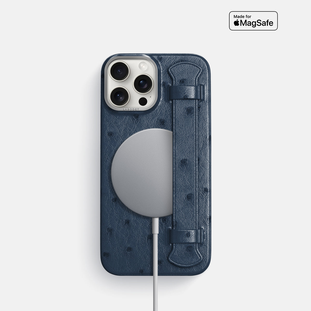 Navy-Blue iPhone 16 Pro Handle Case Ostrich with Steel Metal -5 | Navy-Blue-Steel