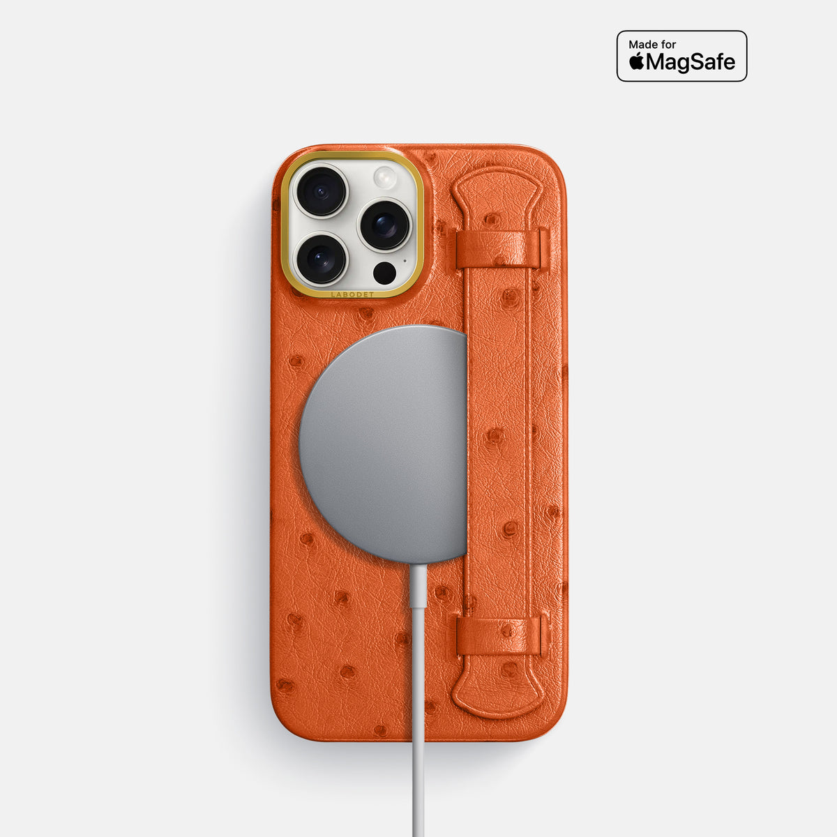 Orange iPhone 16 Pro Handle Case Ostrich with Gold Metal -5 | Orange-Gold