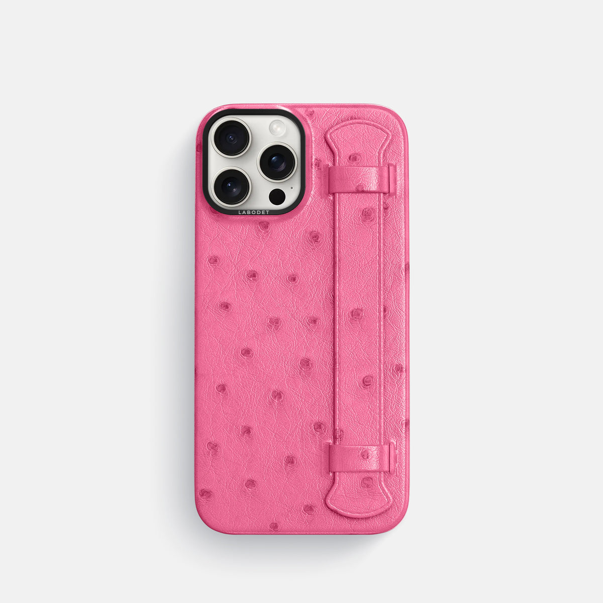 Pink iPhone 16 Pro Handle Case Ostrich with Black Metal -1 | Pink-Black
