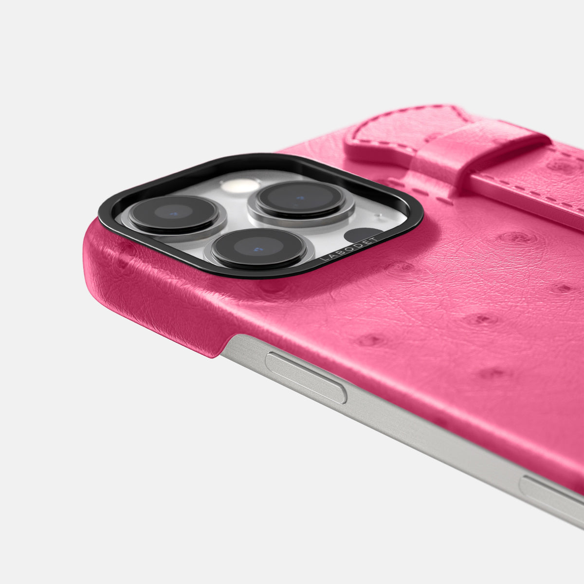 Pink iPhone 16 Pro Handle Case Ostrich with Black Metal -6 | Pink-Black
