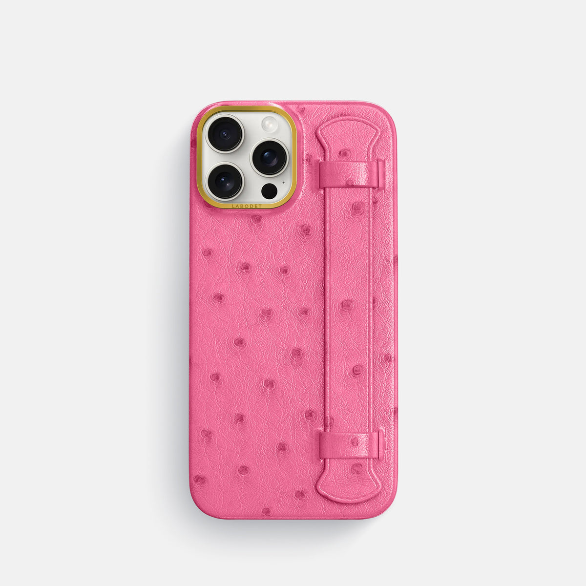 Pink iPhone 16 Pro Handle Case Ostrich with Gold Metal -1 | Pink-Gold