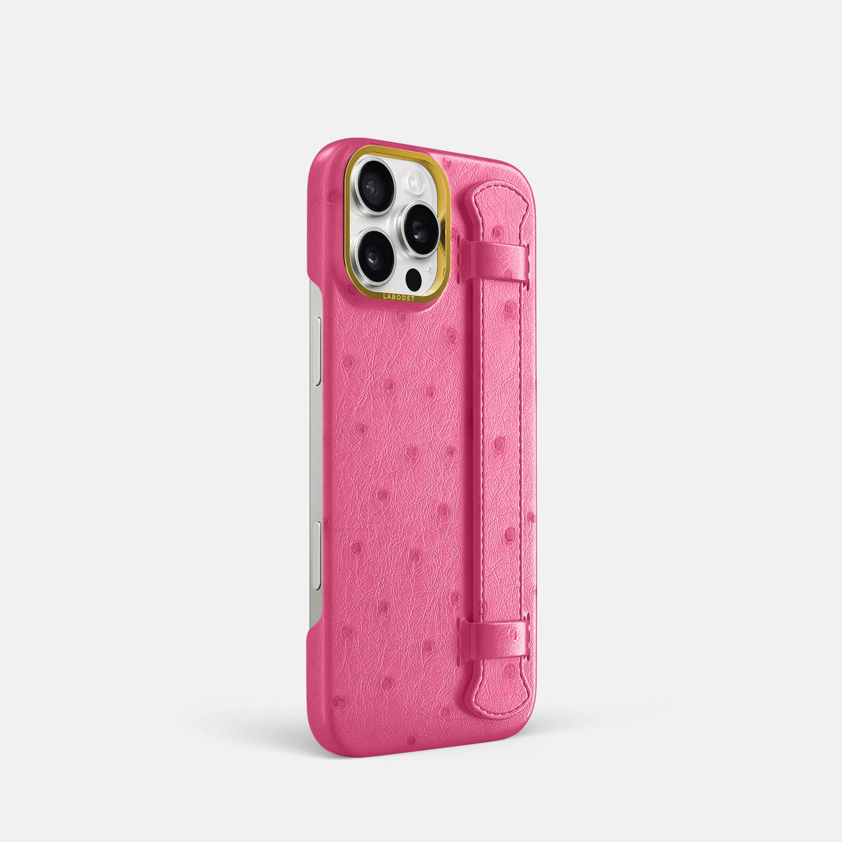 Pink iPhone 16 Pro Handle Case Ostrich with Gold Metal -2 | Pink-Gold