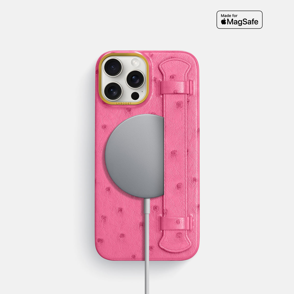 Pink iPhone 16 Pro Handle Case Ostrich with Gold Metal -5 | Pink-Gold