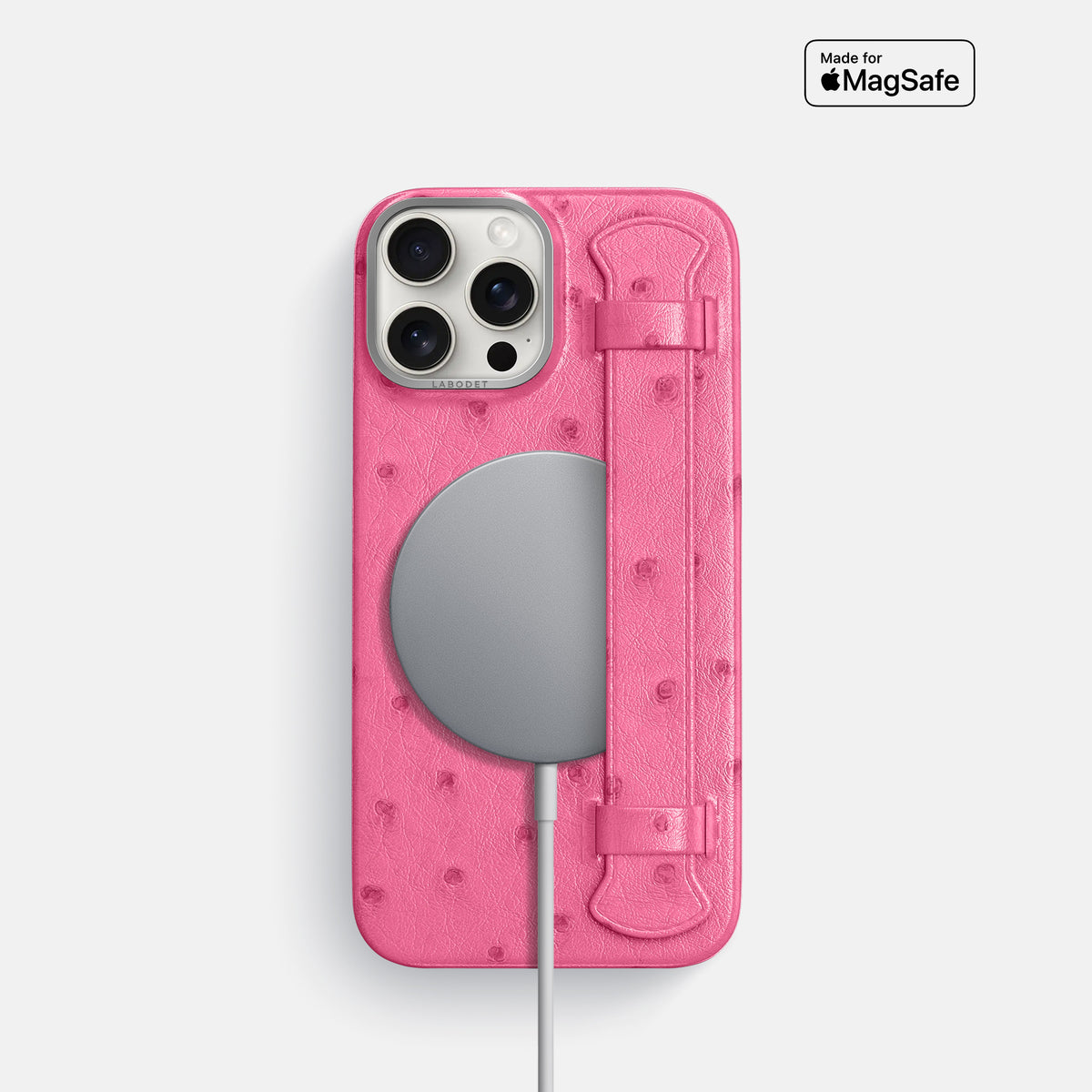 Pink iPhone 16 Pro Handle Case Ostrich with Steel Metal -5 | Pink-Steel
