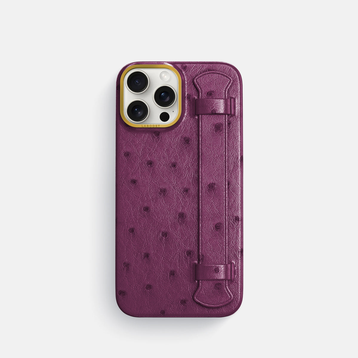 Purple iPhone 16 Pro Handle Case Ostrich with Gold Metal -1 | Purple-Gold