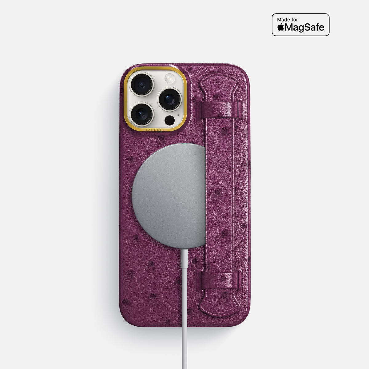Purple iPhone 16 Pro Handle Case Ostrich with Gold Metal -5 | Purple-Gold