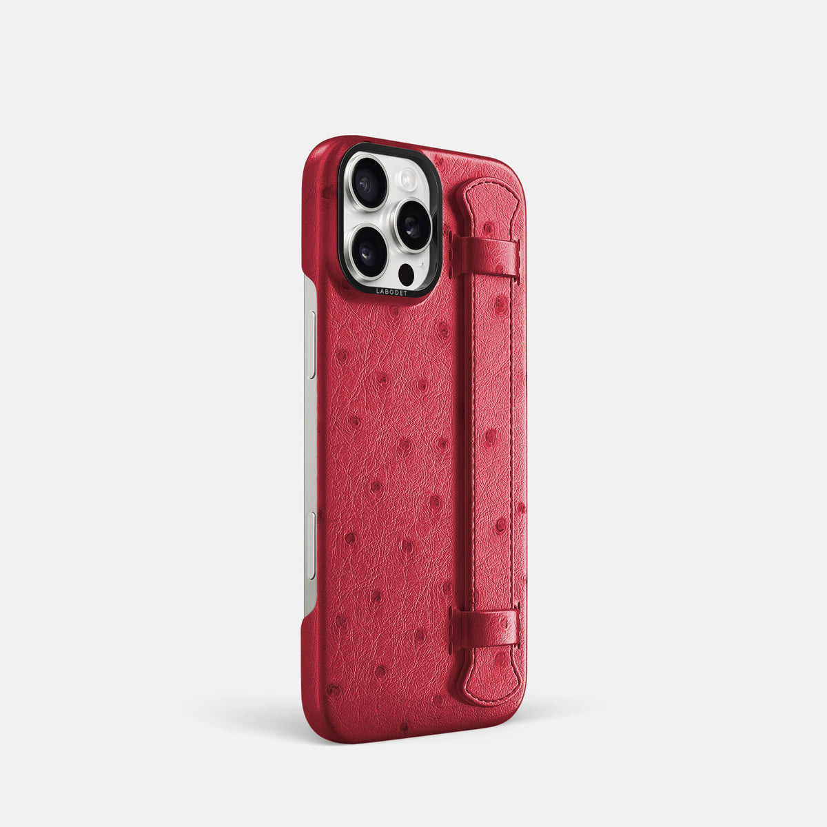 Red iPhone 16 Pro Handle Case Ostrich with Black Metal -2 | Red-Black